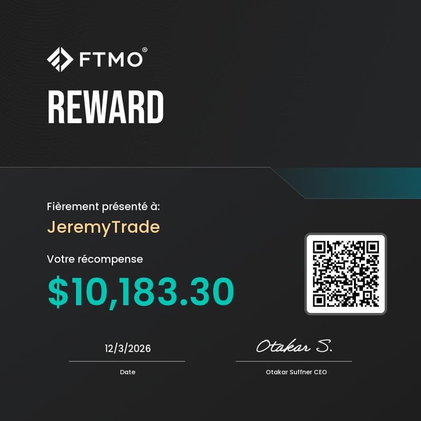 Certificat de payout FTMO Jeremy — $10 183 — Mar. 2026