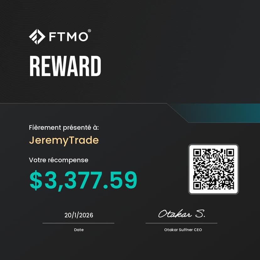 Certificat de payout FTMO Jeremy — $3 377 — Jan. 2026